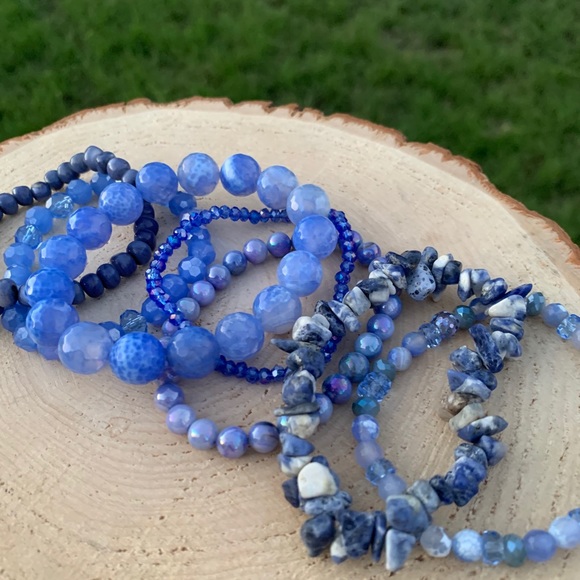 Natural Blue Agate & Kyanite Gemstone Mixed Smooth Round Bead Bracelet Stack - Picture 4 of 12